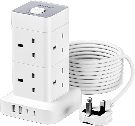 AICODE Tower Extension Lead with USB Slots,8 Way Multi Plug Socket &4USB,3M