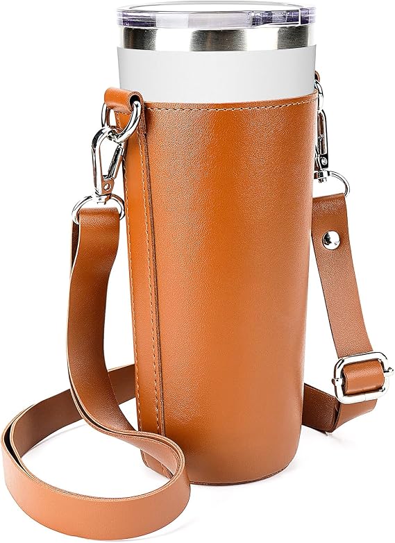 Linkidea Vegan Leather Tumbler Carrier Bag Fits Iron Flask Classic Tumbler 24 oz, Simple Modern Classic Collection Tumbler, 20 oz/24 oz, Water Bottle Sling Holder with Strap, Brown