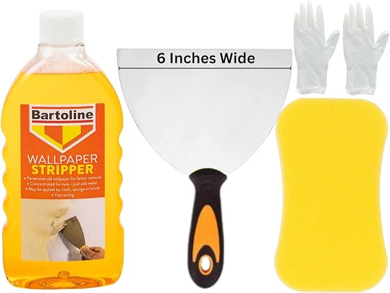 Wallpaper Remover Kit - Bundle with 500ml Bartoline Wallpaper Stripper, 6-Inch Wide Scraper, Large Sponge, and Gloves for Fast and Efficient Wallpaper Removal