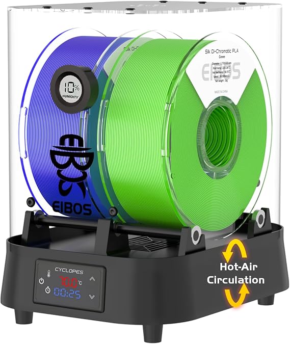 EIBOS Official 3D Printer Filament Dryer with Fan, Cyclops with Filament Dry Box 2 Rolls, Temperature up to 158°F 70°C, Humidity Sensor, Infinite Timer, Compatible with 0.07 inch 1.75 mm, 0.1 inch 2.85 mm, 0.1 inch 3.00 mm PLA Nylon TPU