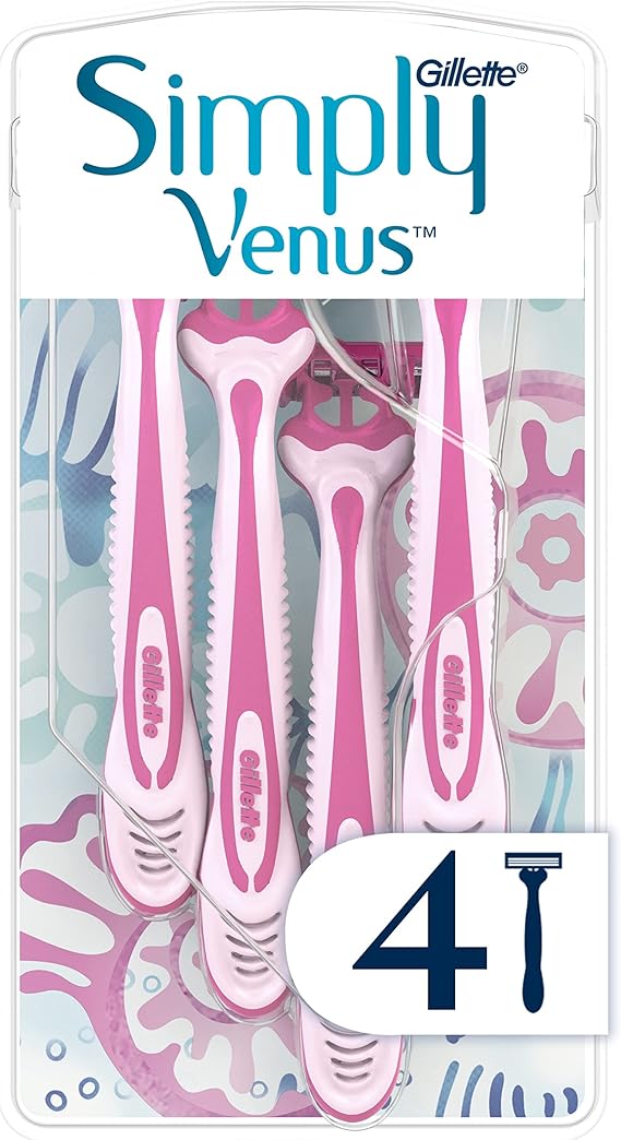 Gillette Simply Venus3 Disposable Razors for Women With 3 Blades, Moisture Strip for Smooth and Protected Skin, Pack of 4