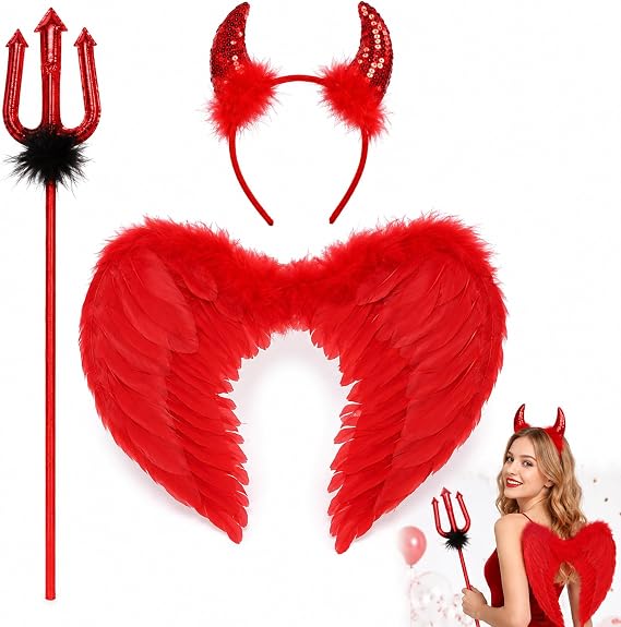 3PCS Devil Costume Set with Devil Horns, Complete Halloween Outfit for Costume Parties and Themed Events, Including Red Wings, Horned Headband and Trident Fork