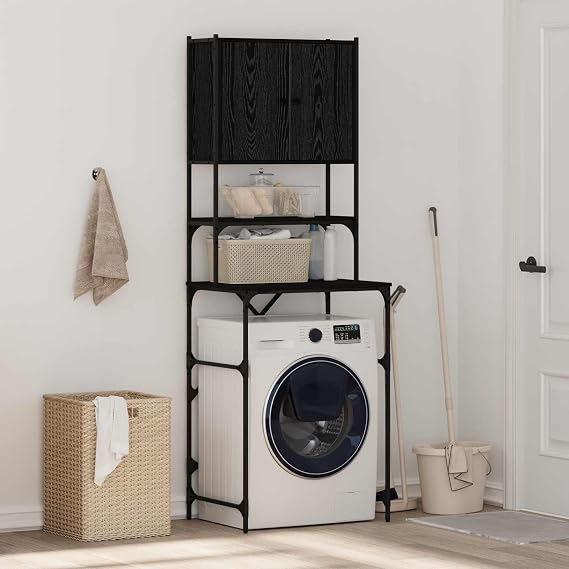 Washing Machine Cabinet Black Wood Material 68 x 48.5 x 194 cm with Adjustable Shelves, Compact Storage Space for Accessories, Spare Parts and Household Items