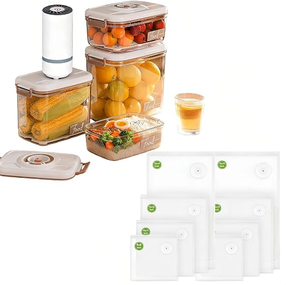4-Pc Airtight Containers with Vacuum Sealer - Food-Grade Plastic Storage for Cereal, Flour, Sugar, Includes 8 Reusable Bags, Kitchen & Pantry Organization (4, Rectangular)