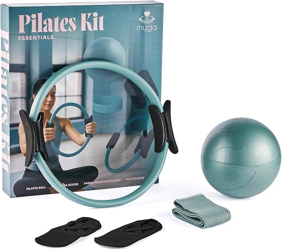 Myga Pilates Ring Set – Pilates Kit with Magic Circle, Anti-Burst Ball, Fabric Resistance Band & Non-Slip Grip Socks – Lightweight & Durable for Strength Training, Toning & Flexibility