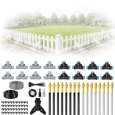 100FT Garden Misting & Drip Irrigation Kit, Automatic Watering System with 16 PE Tubes, 6mm Hose and 360° Adjustable Misters for Raised Beds, Greenhouse, Lawn, Patio & Plant Cooling.