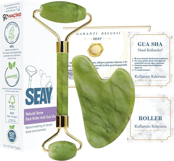Seay Jade Face Roller and Heart Gua Sha Facial Massager Set Premium Natural Stone Certified