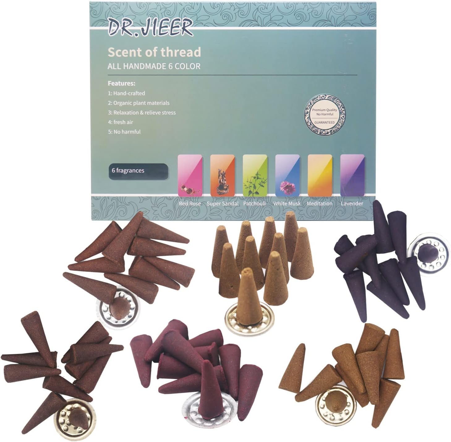 Incense Cones Gift Pack Set Sticks Total,Red Rose,Super Sandal,Patchouli,White Musk,Meditation,Lavender 6