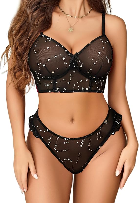 Avidlove レディース ランジェリー セクシー メッシュ ブラレット パンティー セット 2ピース マッチング下着 衣装 S-XXL