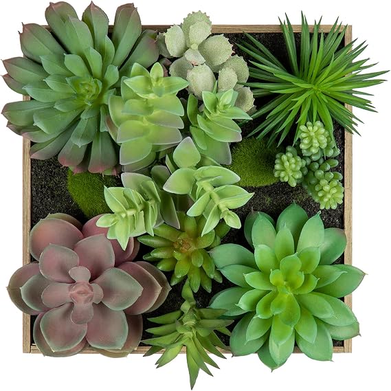 Artificial Succulents Wall Plant 7.8" Fake Hanging Plant Indoors 3D Faux Succulent Plants Arrangement in Rustic Wood Frame for Home Farmhouse Living Room Shelf Wall Decoration