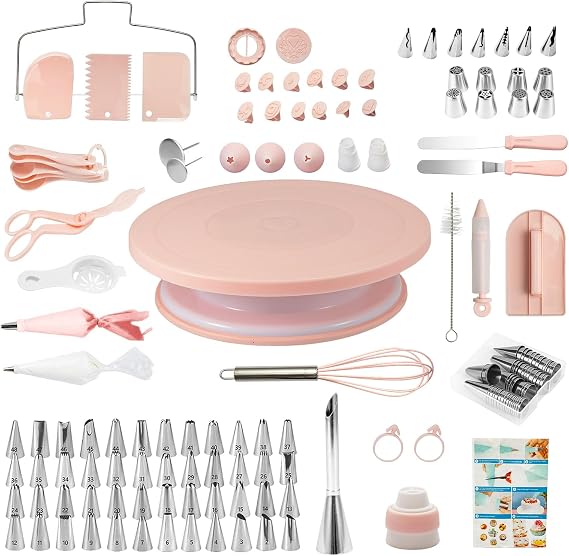 137pcs Cake Decorating Kit Revolving Turntable Piping Pink