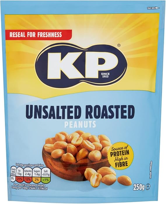 KP Nuts UNSALTED Peanuts 250g Pack - Roasted until golden for the perfect KP taste and crunch. Source of protein and high in fibre.