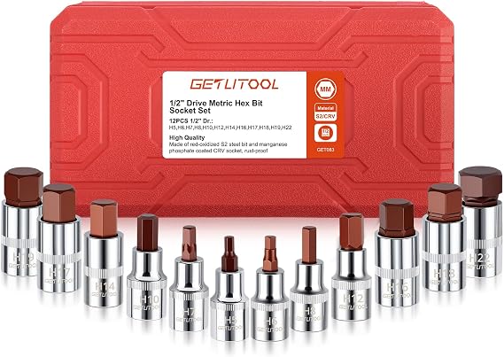 GETLITOOL 12PCS 1/2 Inch Hex Bit Socket Set with Storage Case H5-H22