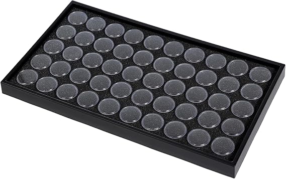 50 Gem Display Case Diamond Gemstone Storage Box, Small Round Plastic Containers Box Jewelry Organizer Container with Foam, Black Foam Gem Jars Showcase with 50 Gemstones Storage Jar