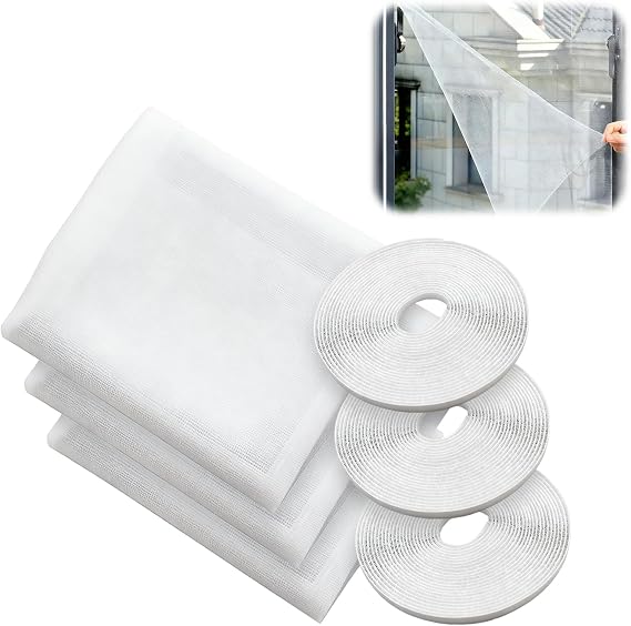 DIY Self-Adhesive Insect Mesh Curtain, 3 Pcs 130 x 150cm Fly Bug Bee Protector Screen, Mosquito Netting with Tape, Window Net to Keep for Multiple Windows (White)