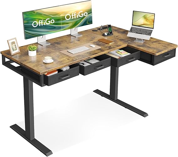 OffiGo L Shaped Electric Standing Desk with 4 Drawers, 140×80cm, Brown