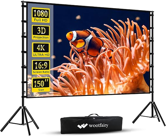 Wootfairy 150 inch Projector Screen with Stand and Carry Bag 4K HD Screen