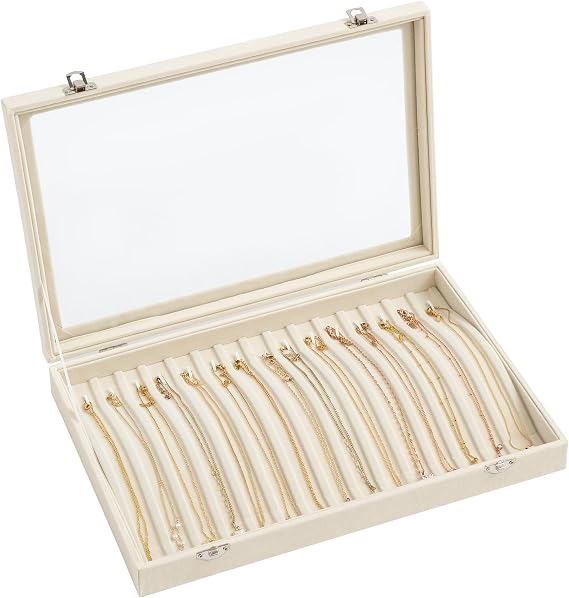 Frebeauty 15-Hook Large Velvet Necklace Organiser Tray with Glass Lid