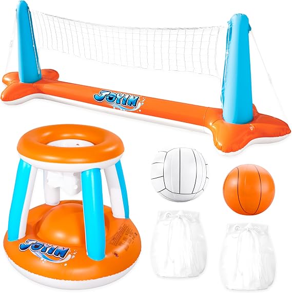 JOYIN Pool Float Toy, Inflatable Volleyball Net and Basketball Hoops for Kids and Adults, Balls Included, Pool Float Set, Summer Floats, Orange