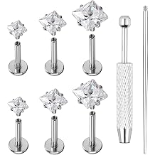 AoedeJ 20/18/16G Titanium Internally Threaded Flat Back Stud Earrings 3/4/5mm Stars Square CZ Nose Lip Medusa Monroe Labret Piercing Jewelry for Cartilage Conch Tragus Helix Ear Studs
