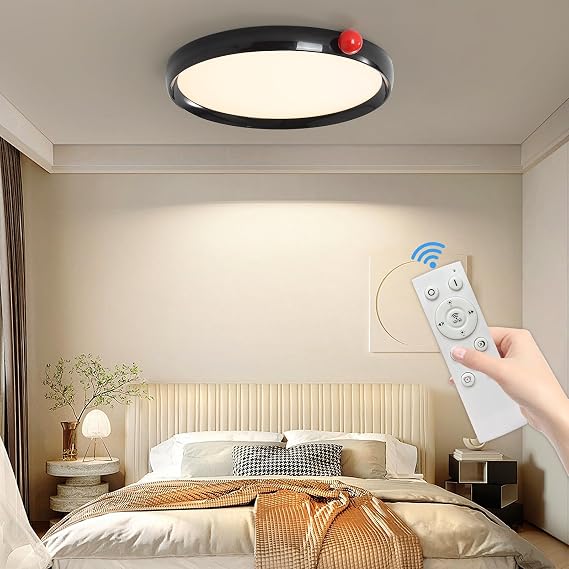Mikeru 40cm Flush Bathroom Ceiling Light, Round LED Dimmable Ceiling Lights Black with Red Ball 10% to 100% 3000K/4500K/6500K Ultra-Thin 4cm Bedroom Light with Remote for Kitchens [Energy Class E]