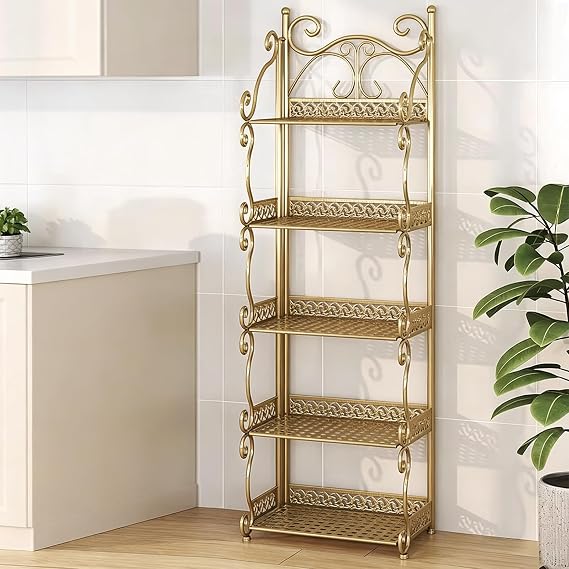 Folding Multi-Layer Storage Rack, Independent Storage Shelf with Reinforced Steel Pipes and Non-Slip Feet, Suitable for Kitchens, Living Rooms, Bedrooms, Bathrooms Gold 5-layer
