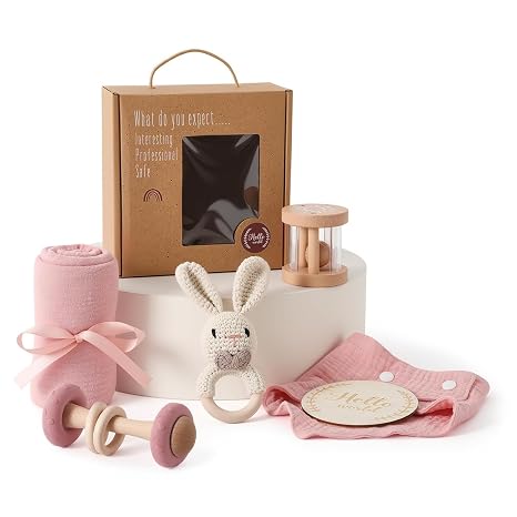 Newborn Gift 6-Piece Baby Gift Set Girls Boys - Bath Towels Bibs Wooden Toy Crochet Rabbit Rattle and Milestone Cards Gift Packaging (Pink)