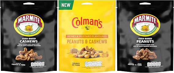 Colman's Honey & Mustard Flavoured Peanuts & Cashews (6x 130 g) mixed nuts bundle + Marmite Oven-Baked Peanuts (6x 190 g) and Cashews (6x 90 g) source of fibre 18 pc