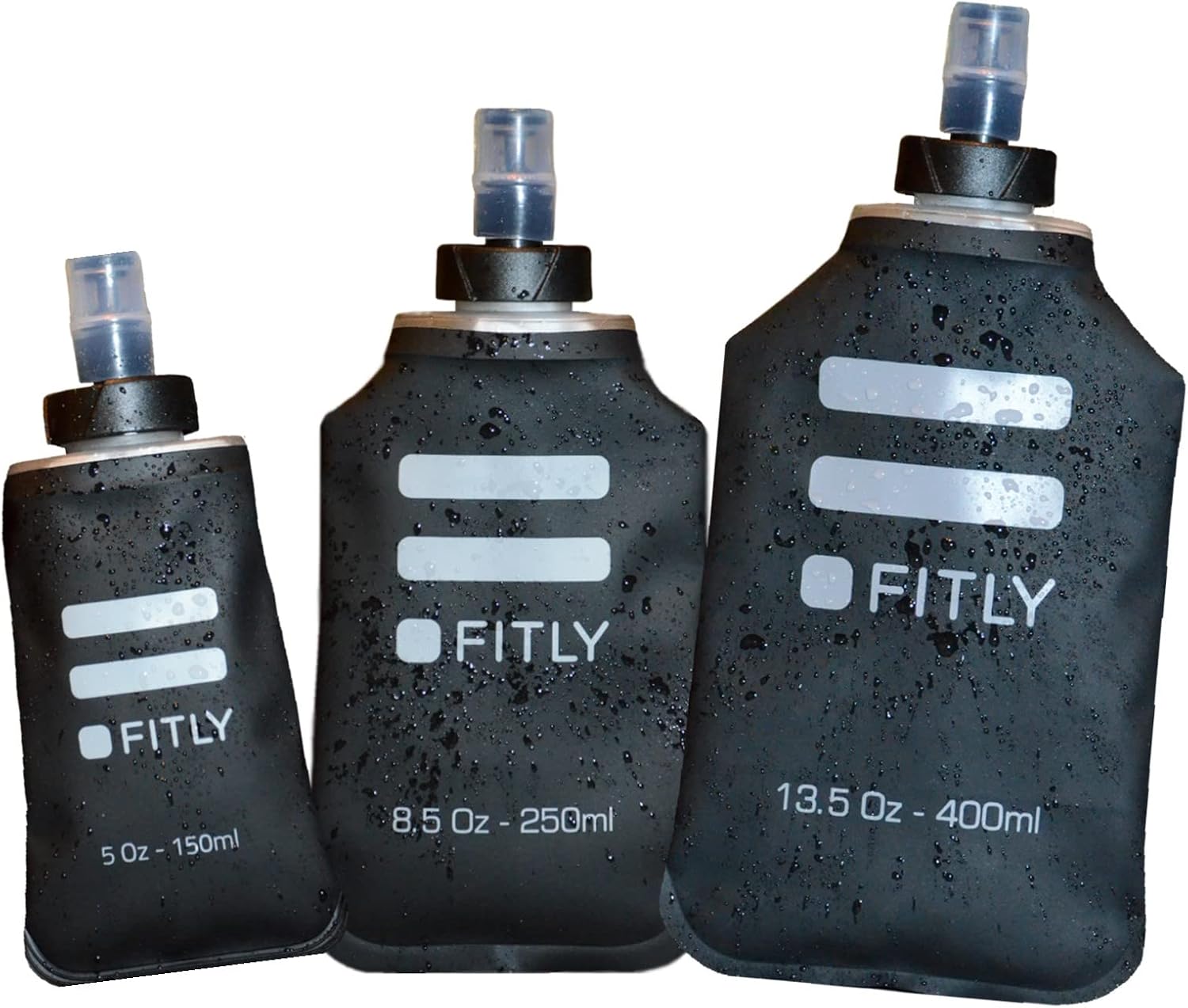 FITLY Soft Flask 3 Pack - 5 oz 150 ml, 8.5oz 250ml, 13.5oz 400ml - Shrink As You Drink Soft Water Bottle for Hydration Pack - Folding Water Bottle For Running & Hiking - Running Water Bottle