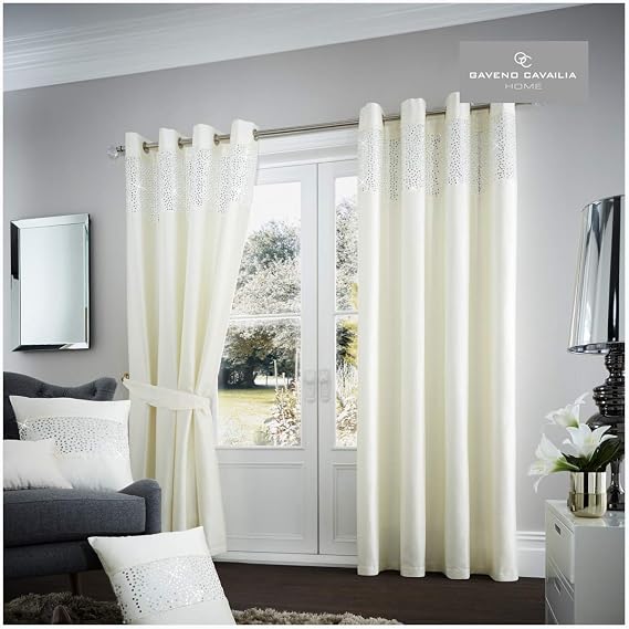 Gaveno Cavailia Aviv Eyelet Curtains Cream, 100% Polyester Ring Top Drapery with Matching Tie Backs, Two 66"x54" Glamorous Panels, Easy Care Window Treatment, (168x137 cm), 259794