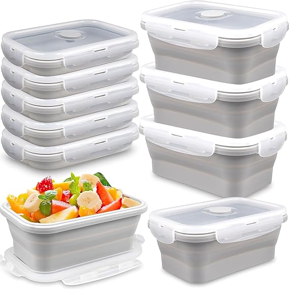 8 Pack Collapsible Silicone Food Containers with Lids, 550ml