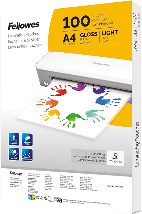 Fellowes A4 Laminating Pouches Pack of 100, Gloss Finish, Laminating Pouches for Home, School, Office, Suitable for Photos, Posters, Documents, Compatible with All Laminators