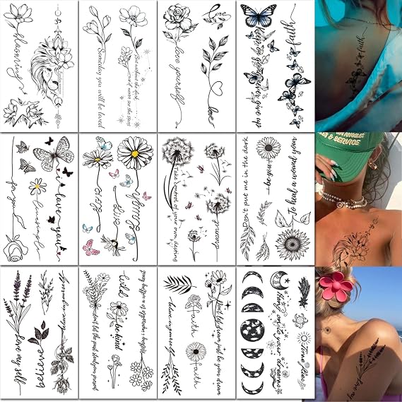 CHARLENT Flower Word Temporary Tattoos for Women