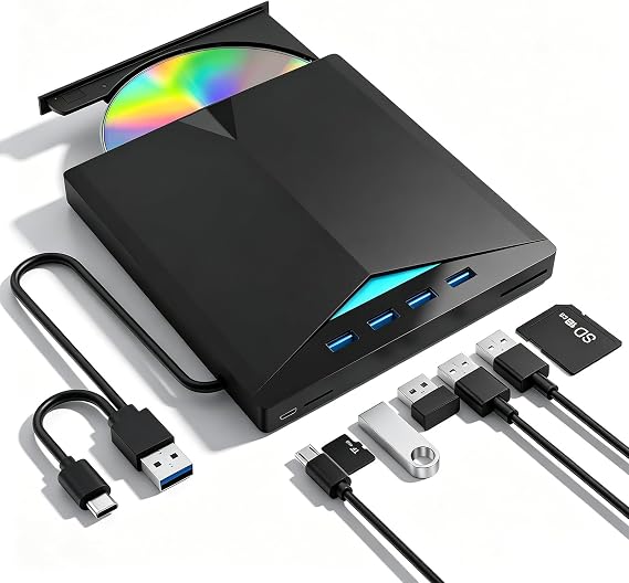 External CD DVD Drive for Laptop, USB 3.0 & Type-C Portable CD DVD +/-RW Burner Writer Reader with SD/TF Slot & 4 USB Ports, Slim Optical DVD Drive, CD Player for Windows 11/10/8/7/XP Linux macOS