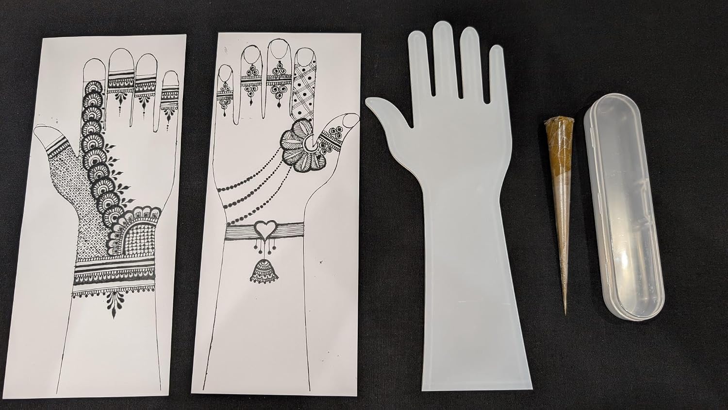 Henna Starter Pack: Reusable Transparent Acrylic Henna Hand with 2 Sample Designs & Natural Henna Cone in an elegant Storage Case