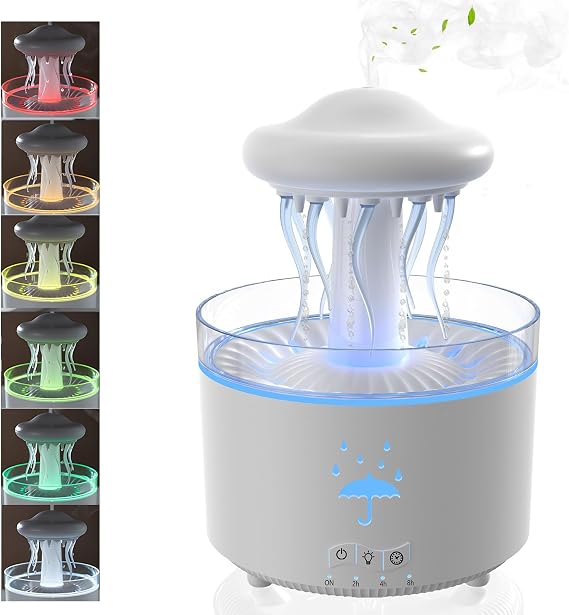 Rain Humidifier for Bedroom, 7 Color Rotating Jellyfish Diffuser with Rain Drop Effect, 300ML Small Humidifiers Aroma Diffuser with Remote & Timer, Funny Light Rain Humidifiers Gift for Home,Bedroom
