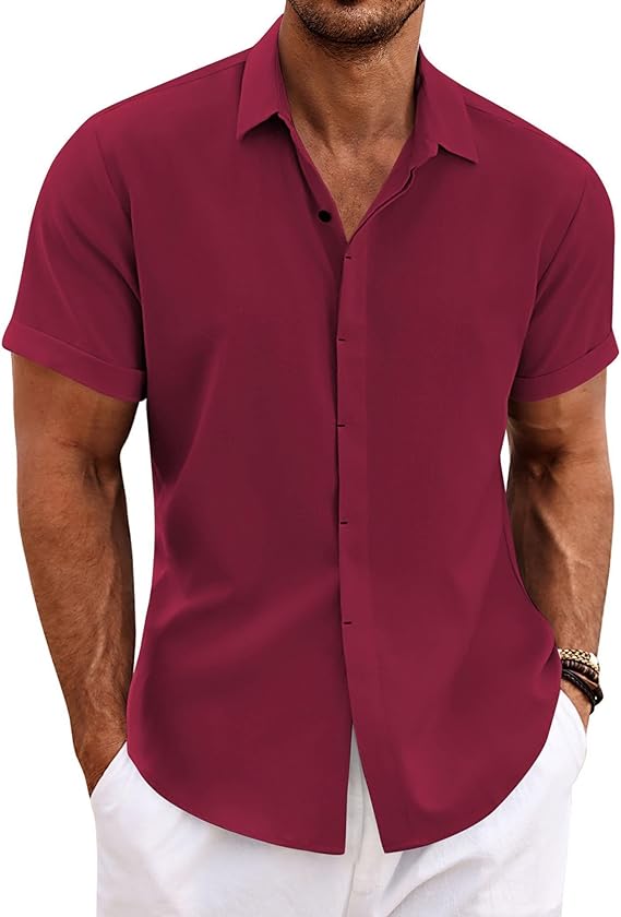 COOFANDY Mens Linen Shirts Short Sleeved Summer Regular Fit Button Down Hawaiian Holiday Tops