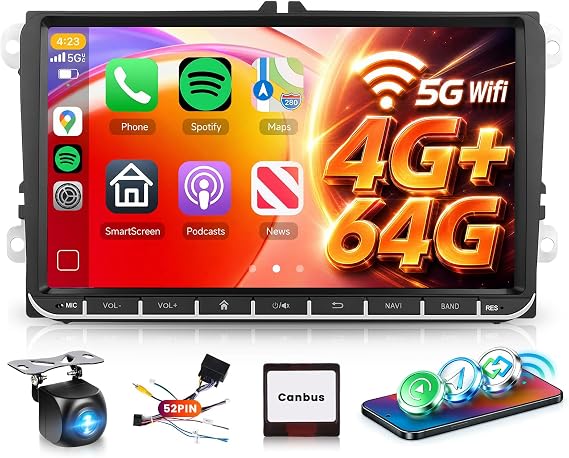 4G+64G Android 15 Car Stereo for VW Polo Golf Passat Seat 5GWiFi DSP 36/40/52 pin Power Cable, Hodozzy 9" HD Touch Screen Polo Car Radio with Wireless Carplay Android Auto BT 5.0 GPS FM/RDS Camera