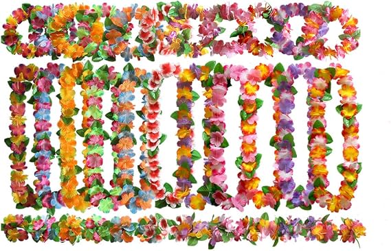 Hawaiian Flower Garlands with Headbands& Bracelets, Tropical Party Decorations, Hula Necklace Lei, Aloha Tiki Beach Theme Lays for Adults, Caribbean Fancy Dress Accessories