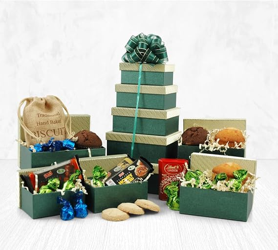 Muffins, Flapjacks & Cookies Gift Tower | 5-Tier Sweet Bakery Hamper with Artisan Baked Goods & Swiss Chocolates | Reusable Green & Gold Boxes