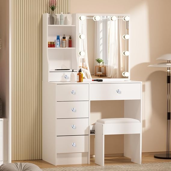 White Vanity Set with Mirror, 10 LED Bulbs, Adjustable Light & 3 Color Settings, Dressing Table with 6 Drawers, 6 Shelves, Includes Stool, 80x36x130cm