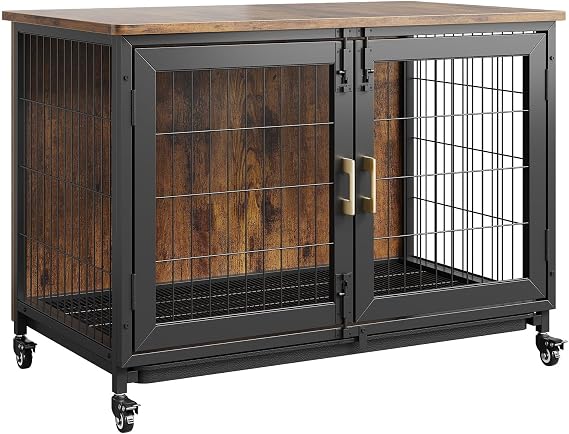 Wooden Dog Crate Furniture, Indoor Kennel Cage with Lockable Wheels and Removable Tray, Steel Frame, End Side Table Animal Cratesfor Small/Medium Dogs - 95x56x65cm