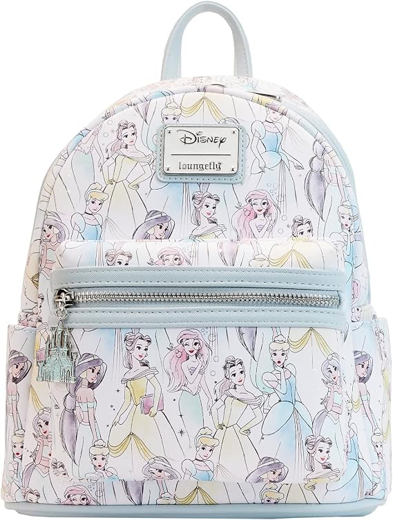 Loungefly Disney Princesses Sketch Pastel Colors All Over Print Womens Double Strap Shoulder Bag Purse, Multi, One Size