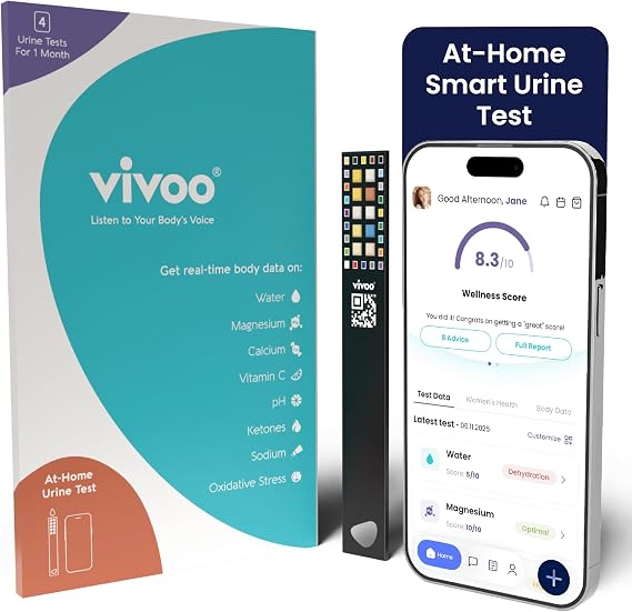 Vivoo 8-in-1 Wellness Test Strips with App — Ketone, pH, Hydration, Vitamin C, Calcium & More | 90 Second Results & Personalised Nutrition Advice | Keto Test Strips for Urine | 4 Strips