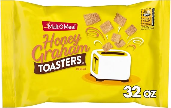 Malt-O-Meal Honey Graham Toasters Breakfast Cereal, Honey Graham Cereal Squares, Super Size Bagged Cereal, 32 OZ Resealable Cereal Bag