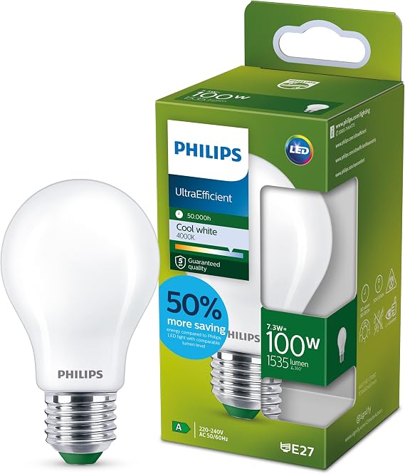 Philips Ultra Efficient - Ultra Energy Saving Lights, LED Light Source, 100W, A60, E27, Cool White 4000 Kelvin, Frosted [Energy Class A]