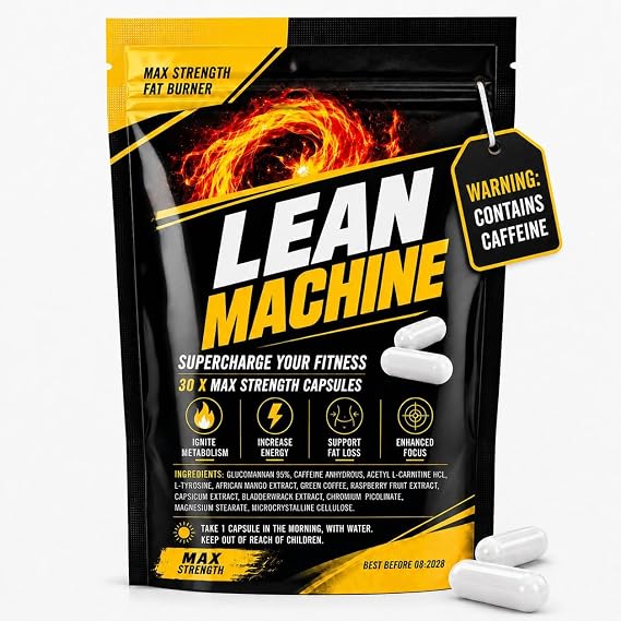 Lean Machine Extreme Fat Burner Capsules | Metabolism & Energy Support with glucomannan, Caffeine & L-carnitine | Weight Management Support, Max Strength Fat Lose 30 Vegan Capsules | UK Made