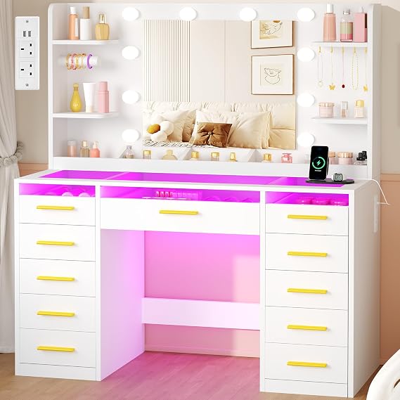 Dressing Table with Mirror & RGB Light,Glass Top 11 Drawers,White