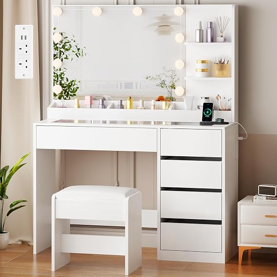 ANWBROAD Dressing Table with Mirror and Stool,Glass Top Vanity, Plug, White