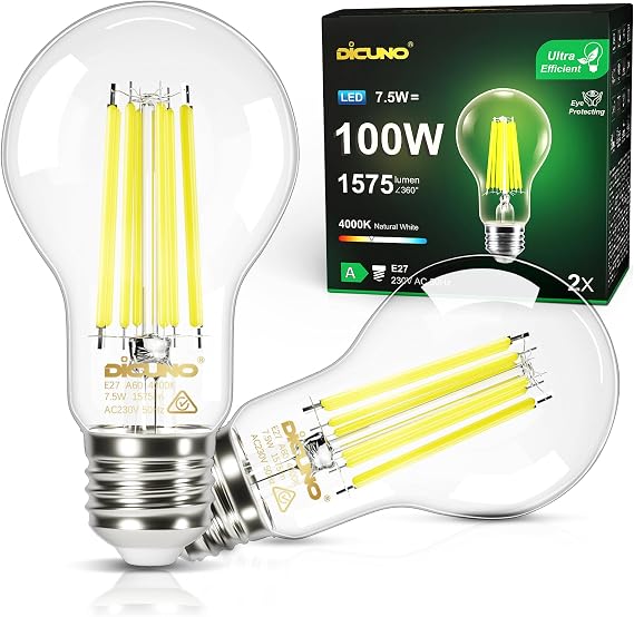 DiCUNO E27 LED Bulb Ultra Efficient Class A, 7.5W=100W, 4000K, 2 Pieces [Energy Class A]